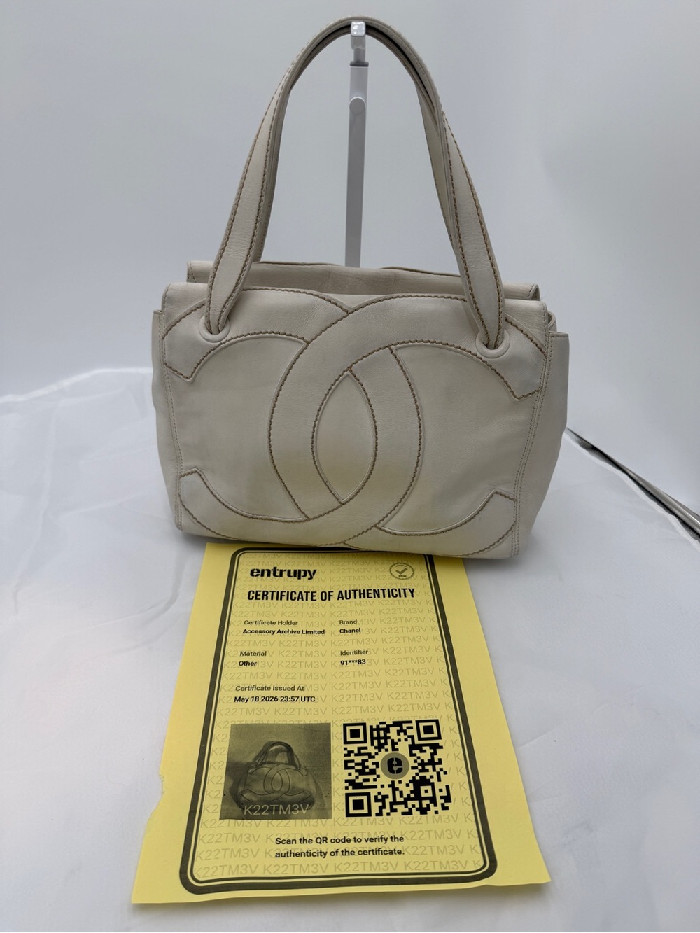 Authentic Vintage CHANEL CC Stitched Leather Small Tote Bag - Cream w/COA